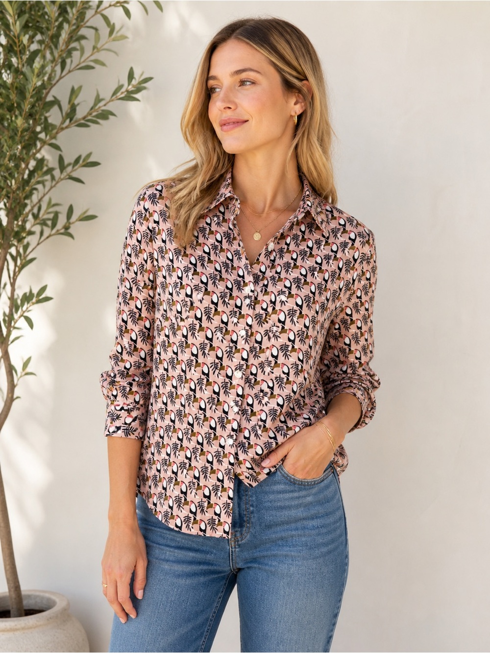 Boden Pink Toucan Bird Print Button Up Shirt Novelty Statement Blouse Size 14